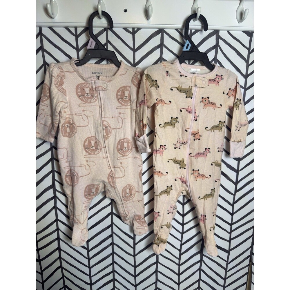 Carter’s Pink Brown Lion Leopard 2Pc Zipper Cotton Sleepers Baby Girl 0-3M 6034